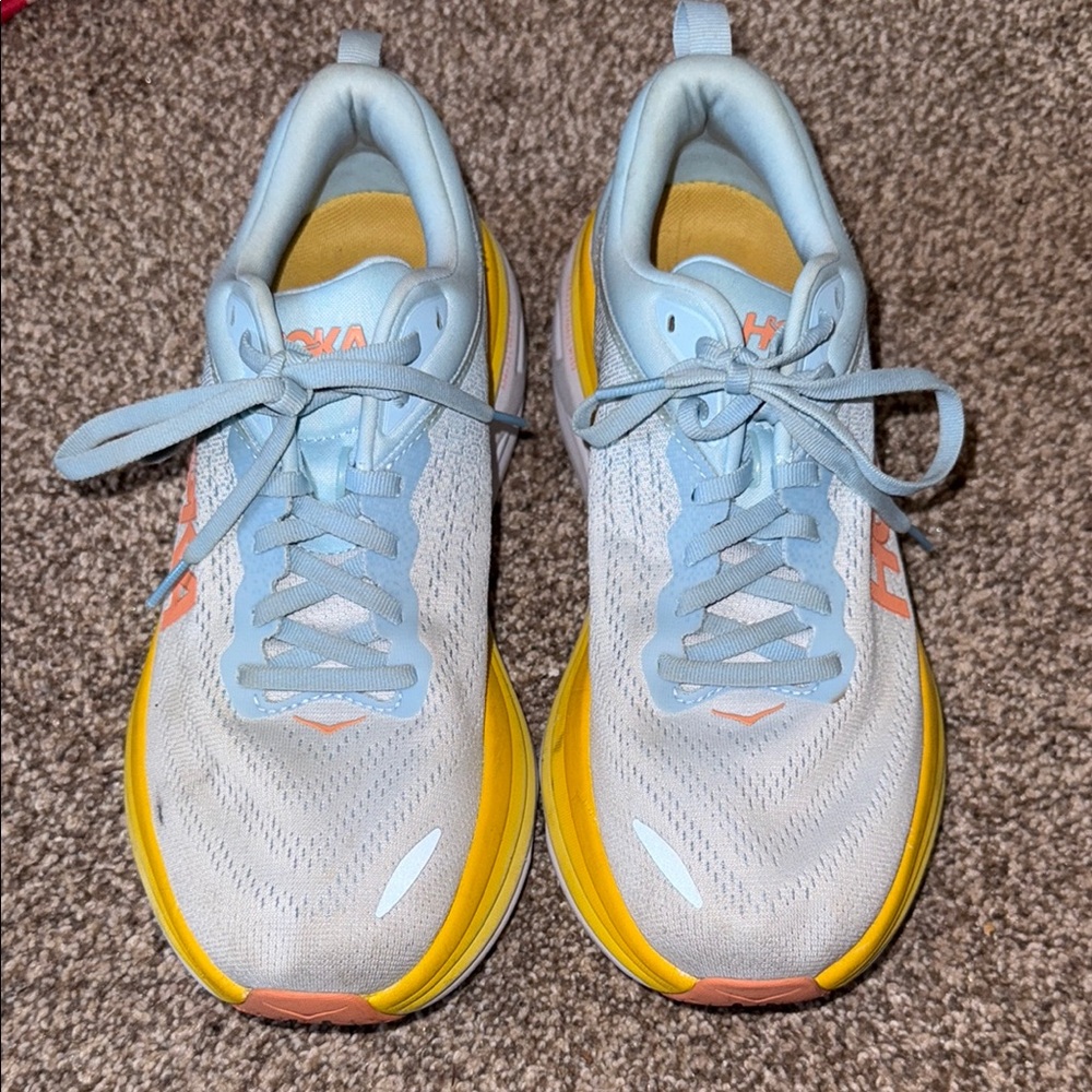 Hoka Sky Blue and Mustard Running Shoes